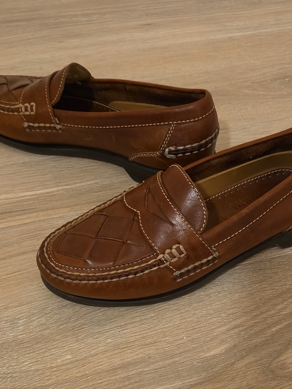 Men's Johnston And Murphy Brown Woven Leather Penny Loafers Size 9.5 M